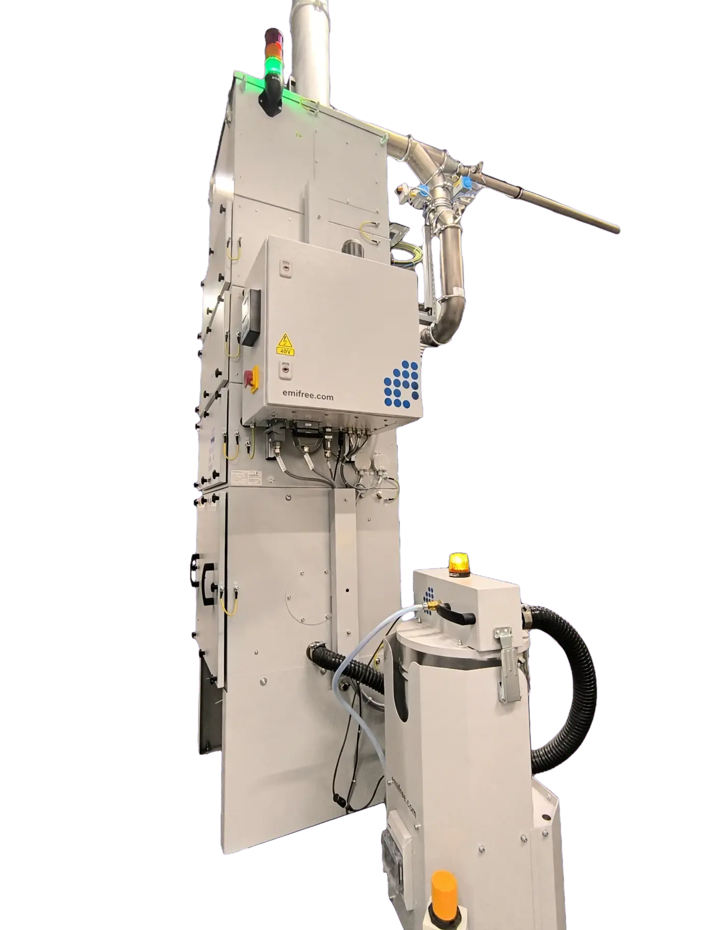 Emifree dust filtration unit, three-quarter view with control panel and extraction arm