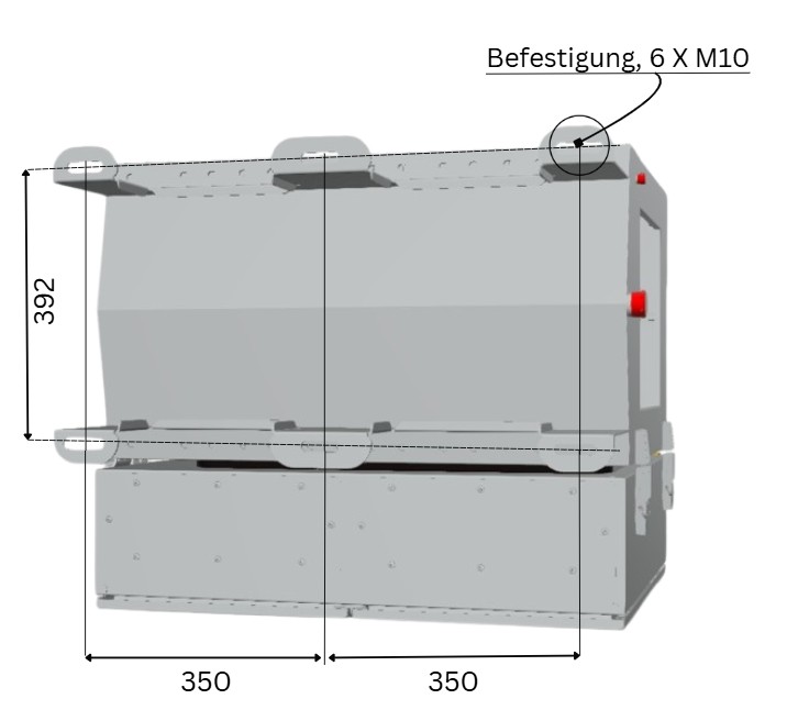 EARIA Maße, Ansicht 3 — Montageansicht, 6 × M10 Befestigung